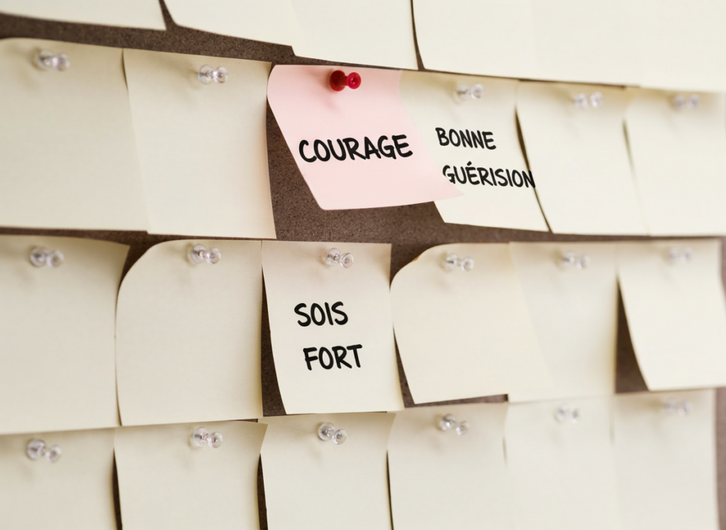 Texte écrit sur des papiers et collé au mur